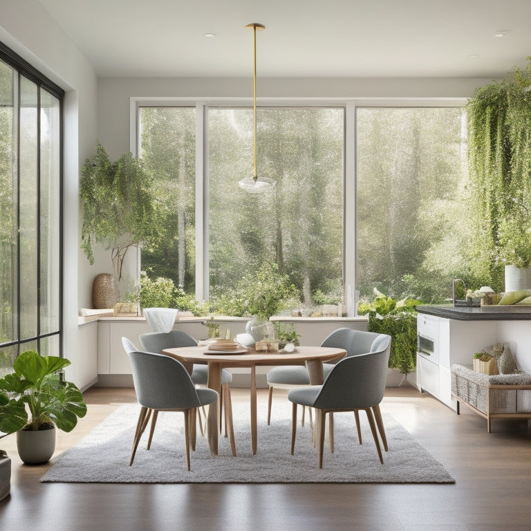 A serene, bright, and airy open-plan living area with a sleek, modern kitchen, large windows, and a spacious dining area, surrounded by lush greenery and natural textures.