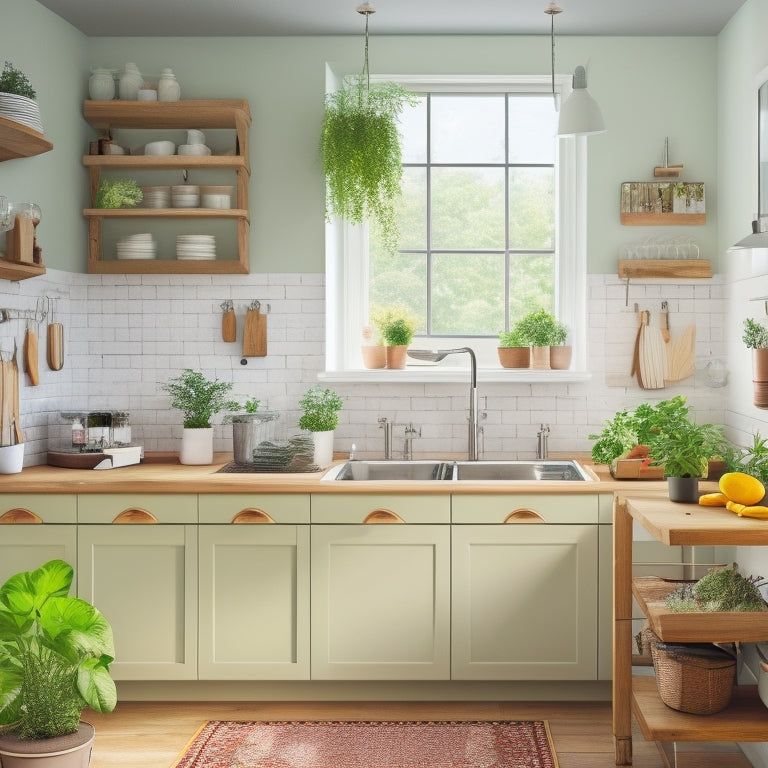 A tidy, L-shaped kitchen with creamy white cabinets, warm wooden countertops, and a stainless steel sink, featuring a pegboard with hung utensils and a few potted herbs on a windowsill.