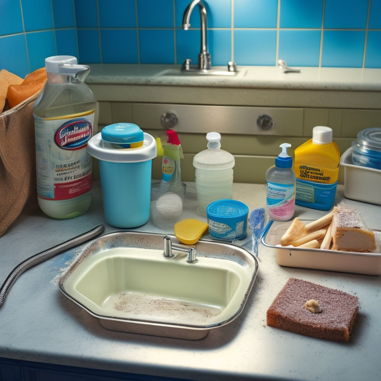 A cluttered, worn-out rental kitchen sink with soap scum, grease, and food particles, surrounded by budget-friendly cleaning supplies like baking soda, vinegar, and a toothbrush.