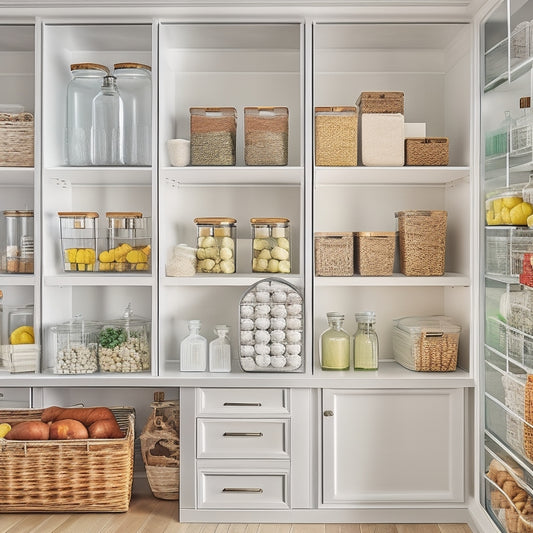 A bright, organized pantry with sleek white shelves, clear glass containers, and a few neatly labeled baskets, illuminated by a large window with soft, natural light.