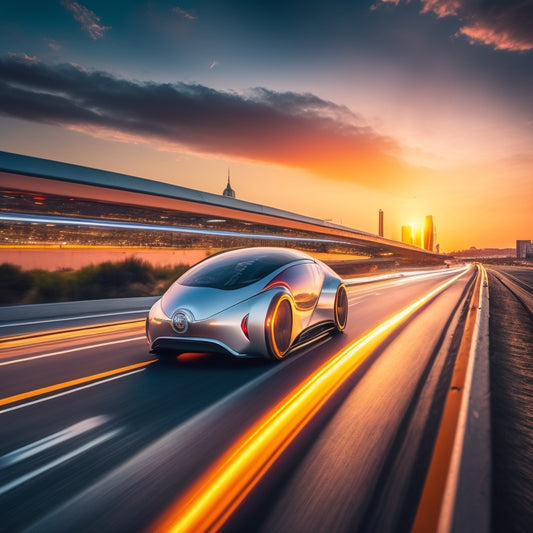 A futuristic, sleek, silver car speeding down a highway at sunset, with a subtle globe pattern embedded in the road, surrounded by circular motion lines and minimalist, neon-lit cityscapes in the background.