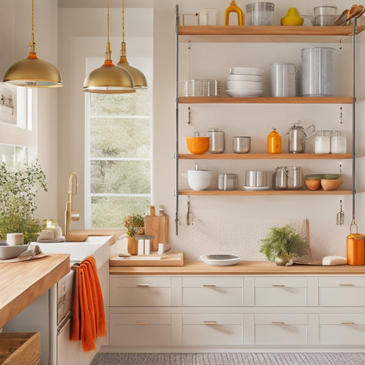 A bright, modern kitchen with sleek countertops and light-wood cabinets, featuring a pegboard with hanging utensils, a retractable ladder to reach high shelves, and a built-in spice rack on the side of a cabinet.