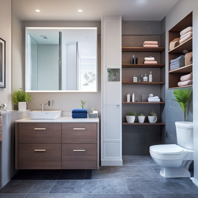 A sleek, modern bathroom with a floor-to-ceiling cabinet featuring pull-out drawers, a wall-mounted toilet with hidden storage, and a floating vanity with built-in shelves and a recessed medicine cabinet.