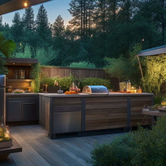 A modern outdoor kitchen at dusk with sleek, weathered wood cabinets, and three horizontal drawers with stainless steel handles, surrounded by lush greenery and ambient string lights.