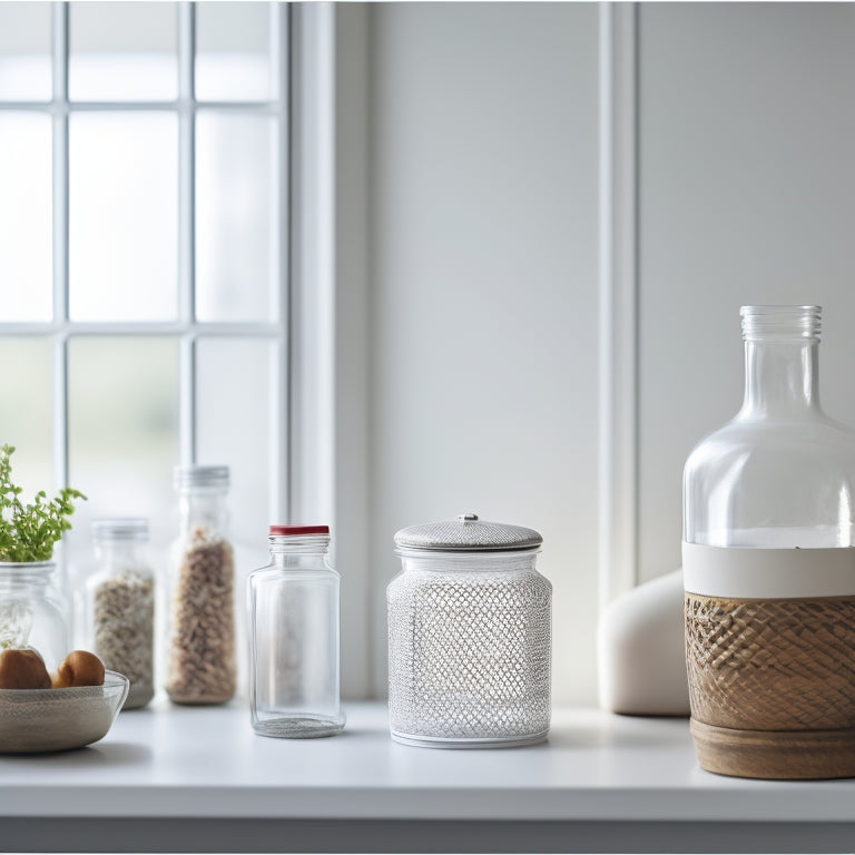 A tidy kitchen shelf with three open jars, a small vase, and a decorative box, all sitting on a crisp, white, and freshly applied shelf liner, with a faint grid pattern.