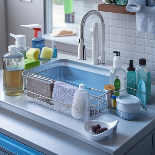 A sleek, modern kitchen sink with a stainless steel organizer rack installed underneath, holding a variety of cleaning supplies, soap bottles, and scrubbers in a neat and tidy arrangement.