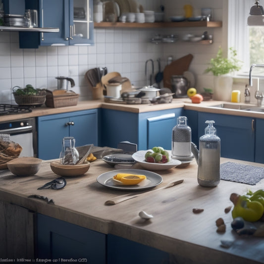 A cluttered kitchen with piles of dirty dishes, overflowing countertops, and a messy island, contrasted with a tidy kitchen in the background, with a smartphone displaying a decluttering app on its screen.