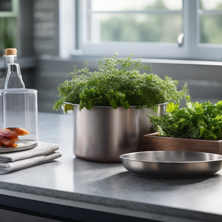 A sleek, modern kitchen countertop with a stainless steel Bacon Bin Grease Holder prominently displayed, surrounded by crispy bacon strips, fresh herbs, and a hint of golden morning light.