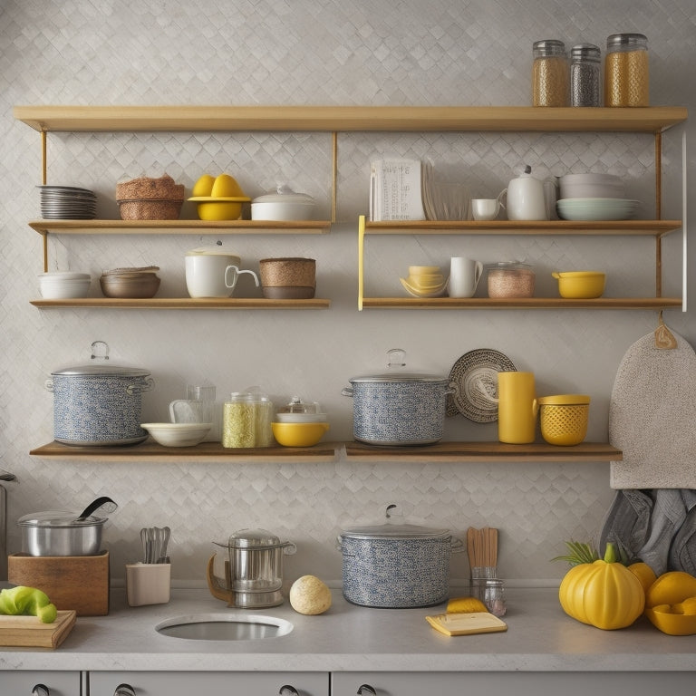 A tidy kitchen with a wall-mounted lid storage rack, featuring ten lids of varying sizes arranged in a staggered, honeycomb pattern, with a few cookbooks and utensils nearby.