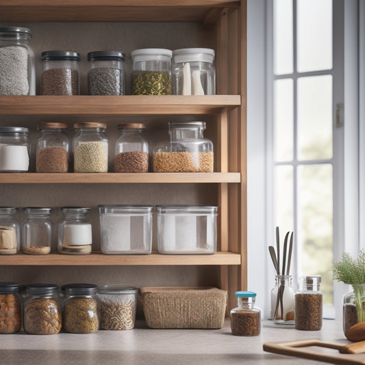 A clutter-free kitchen with a utensil organizer attached to the side of a cabinet, a tiered spice rack, and a set of labeled glass jars on a wooden countertop.