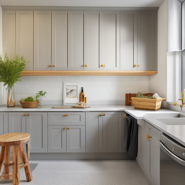 A bright, modern laundry room with three countertop samples against a white wall: a glossy white quartz, a matte gray granite, and a warm, honey-toned butcher block wood.