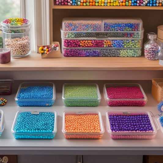 A tidy, well-lit workspace with small, labeled drawers and containers filled with an assortment of colorful seed beads, organized by shape, size, and color, with a few strands of beads spilling out.