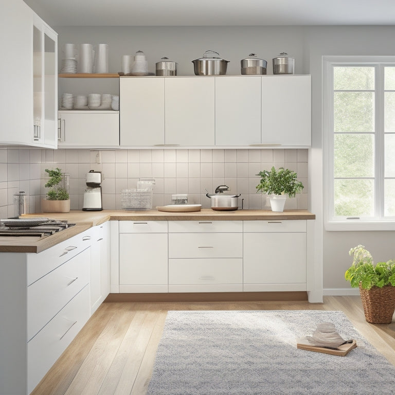 A modern kitchen with sleek, white cabinets, featuring a revolutionary rollout drawer with soft-close glides, fully extended to reveal neatly organized cookware and utensils, set against a warm, natural wood floor.