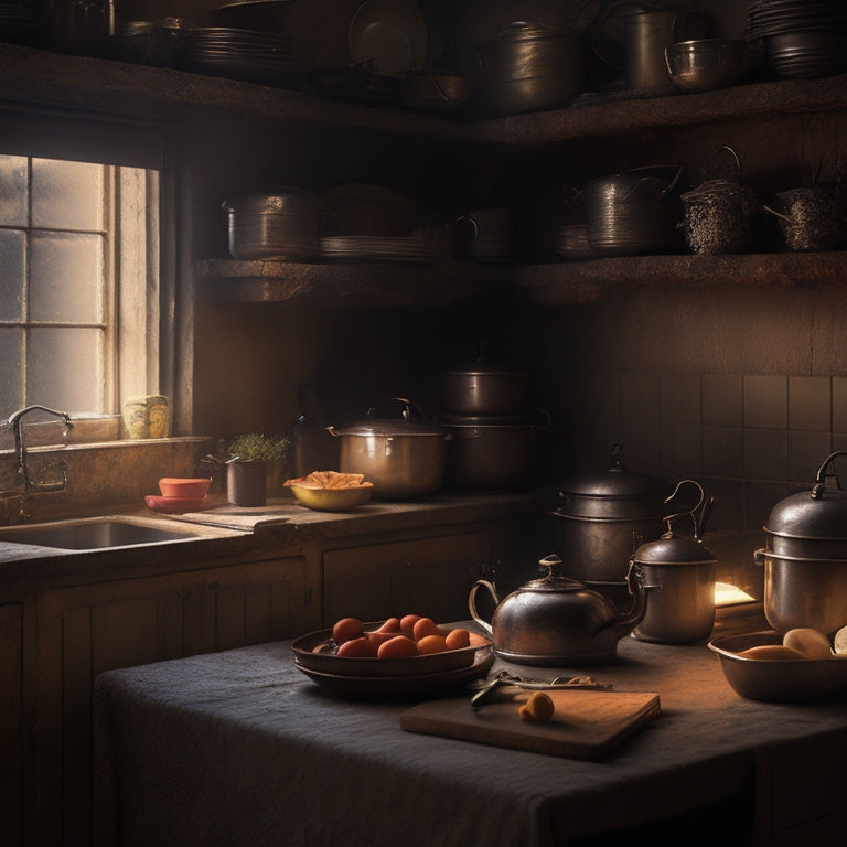 A dimly lit kitchen with a warm, golden light spilling from the top corner, revealing a cluttered, cramped space behind a stack of worn cookbooks, with dusty utensils and forgotten appliances.