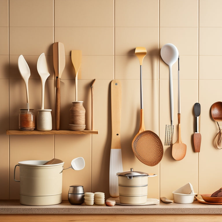 A tidy kitchen with a utensil organizer on the wall, holding a variety of utensils, including a silicone spatula, wooden spoons, and a whisk, against a warm beige background with subtle shadows.