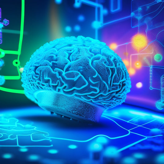 A vibrant, interconnected mind map with glowing blue and green nodes, surrounded by puzzle pieces, gears, and lightbulbs, set against a bright, gradient blue background with subtle brain pattern textures.