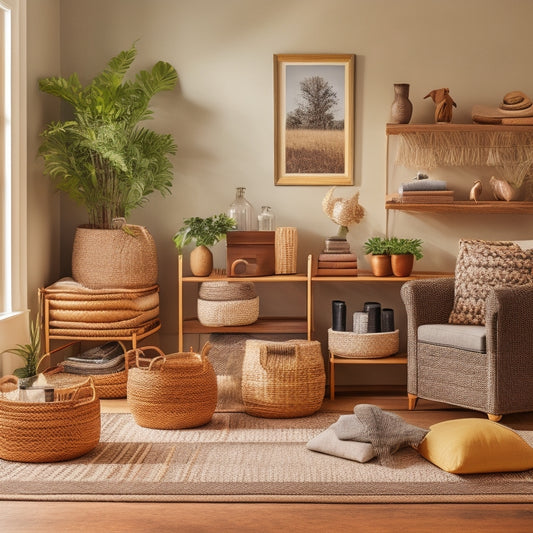 A stylized, warmly lit living room with 5-7 wicker and rattan storage baskets of varying sizes and shapes, arranged artfully on a wooden shelf and woven rug.