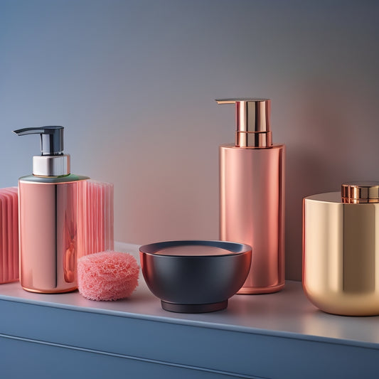 A minimalist, modern bathroom counter with three ornate, differently-shaped soap holders in rose gold, matte black, and frosted glass, each holding a colorful Bath & Body Works soap.