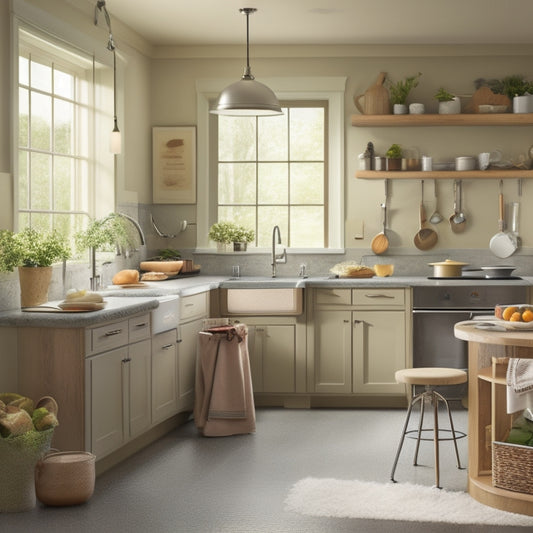 A warm and inviting kitchen with a wheelchair-accessible island, a sink with lever handles, and a cooktop with tactile markings, surrounded by adaptive utensils and tools in a calm, natural color palette.