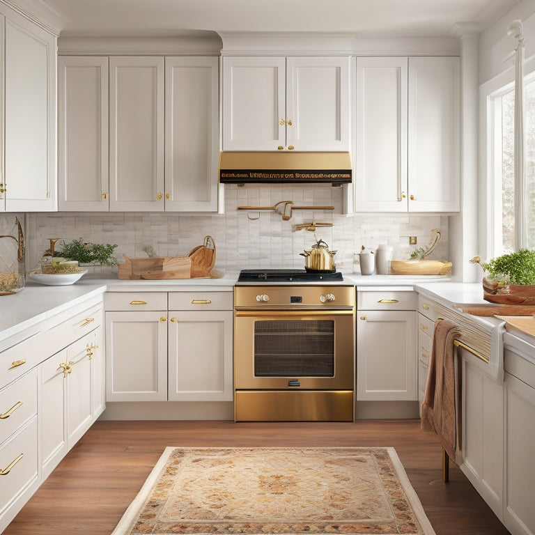 A sleek, modern kitchen featuring a refinished cabinet with a soft, creamy white finish, adorned with ornate gold hardware, set against a backdrop of warm, honey-toned wood flooring.