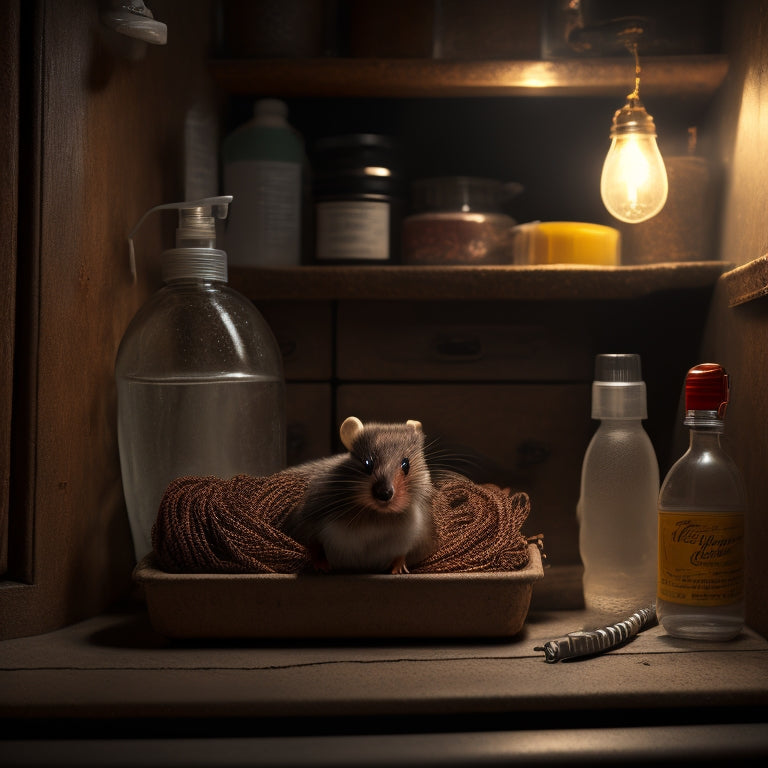 A dimly lit, cluttered under-sink cabinet with rusty pipes, tangled cords, and mysterious containers, featuring a curious, glowing-eyed mouse peeking out from behind a dusty bottle of cleaner.