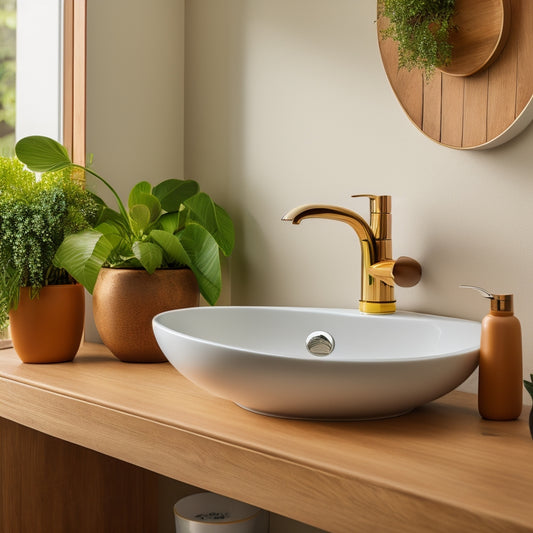 A sleek, modern sink with a built-in, curved shelf in a warm, honey-colored wood tone, adorned with a few decorative, white ceramic jars and a small, potted green plant.