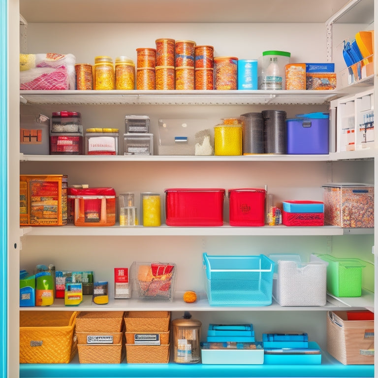 A clutter-free, well-organized pantry shelf featuring a dozen clear storage bins, a first-aid kit, a toolbox, a flashlight, a battery-powered radio, and a stack of folded blankets.