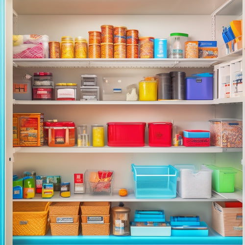 A clutter-free, well-organized pantry shelf featuring a dozen clear storage bins, a first-aid kit, a toolbox, a flashlight, a battery-powered radio, and a stack of folded blankets.