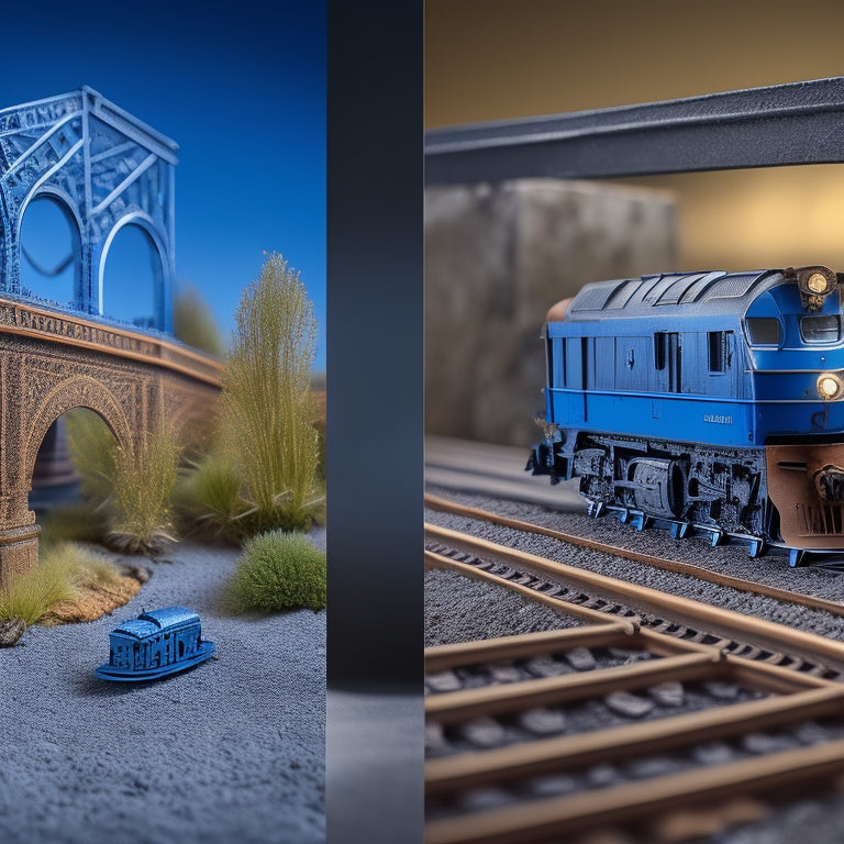 An intricately detailed, diagonally split scene: a traditional, rusty railway model on the left, and a sleek, 3D-printed model with glowing blue accents on the right, set against a dark, gradient grey background.