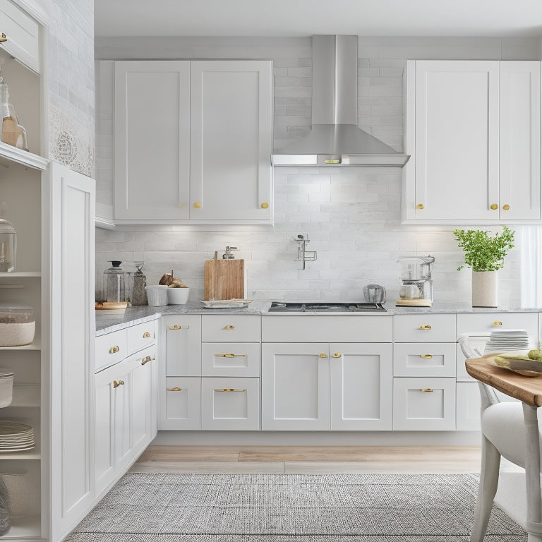 A bright, modern kitchen with sleek countertops, featuring a pull-out pantry with baskets, a wall-mounted utensil organizer, and a corner carousel with cookware, all in a calming white and gray color scheme.