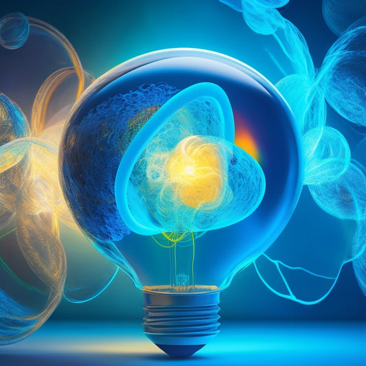 A vibrant, abstract illustration featuring a central, glowing lightbulb surrounded by swirling, interconnected circles and threads in shades of blue, green, and yellow, radiating outward in a dynamic, 3D explosion.