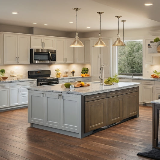 An image featuring a stylish, modern kitchen with cream-colored cabinets, dark granite countertops, and a large center island with a built-in cooktop, surrounded by sleek, stainless steel appliances.