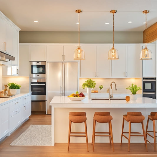 A bright, modern kitchen with sleek white cabinets, warm wood accents, and minimalist decor, featuring a U-shaped layout with a large island, pendant lamps, and a floor-to-ceiling storage unit.