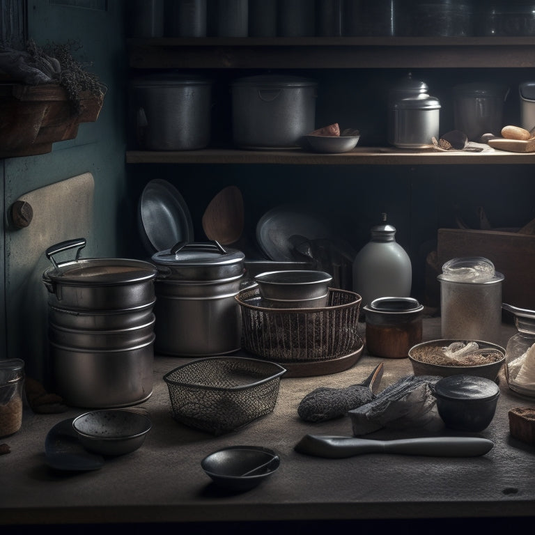 A dimly lit, cluttered kitchen drawer with a jumbled mess of utensils, expired coupons, and dusty containers, with a few mysterious shadows and eerie highlights, inviting the viewer to explore.