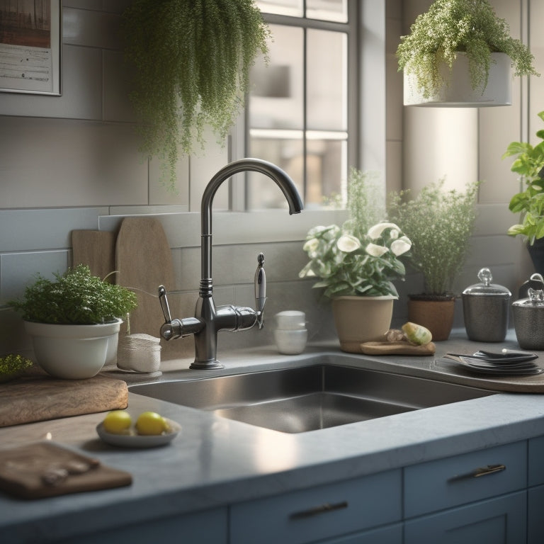 A spotless kitchen sink with a few strategically placed, sleek utensils and a small, potted herb plant on the edge, surrounded by a tidy countertop and a faint, warm lighting.