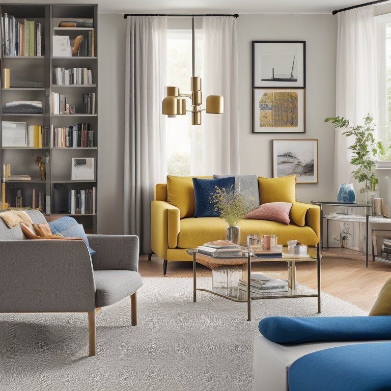 A bright, modern living room with a laptop open to IKEA's design tool website on a sleek coffee table, surrounded by scattered design magazines and a half-built Billy bookcase.