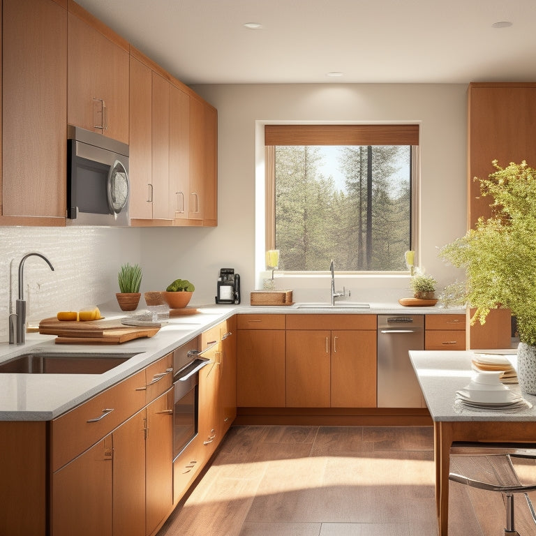 A modern, bright kitchen with warm, honey-brown Homecrest cabinets, sleek quartz countertops, and stainless steel appliances, illuminated by natural light pouring through a large window above the sink.