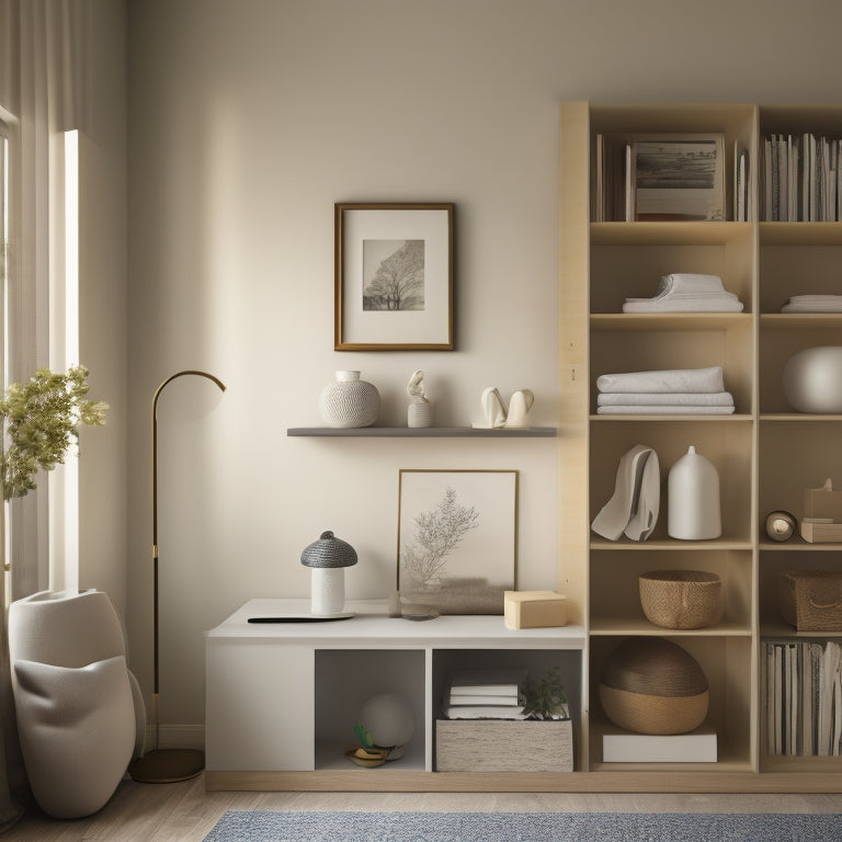 A serene, minimalist room with a few, carefully selected decorative items, a tidy bookshelf, and a single, open drawer revealing a neatly organized interior with dividers and compartments.