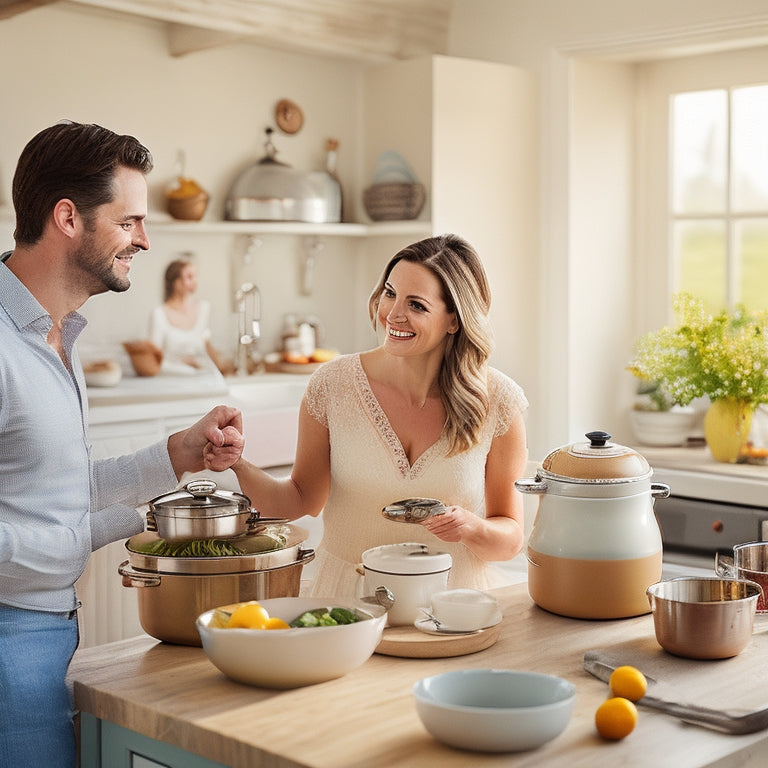 A warm, natural light-filled kitchen with a newlywed couple in the background, blurred, holding hands and smiling, surrounded by registry items: a Le Creuset Dutch oven, KitchenAid stand mixer, and fine china.