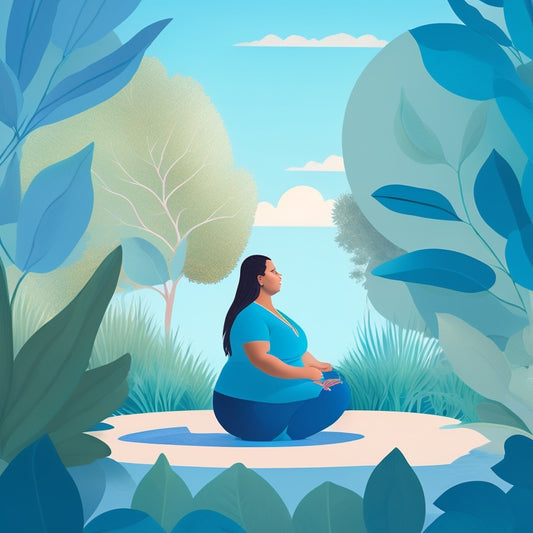 A serene, minimalist illustration of a plus-size woman in a peaceful yoga pose, surrounded by calming greenery and subtle wellness symbols, set against a soft, gradient blue background.