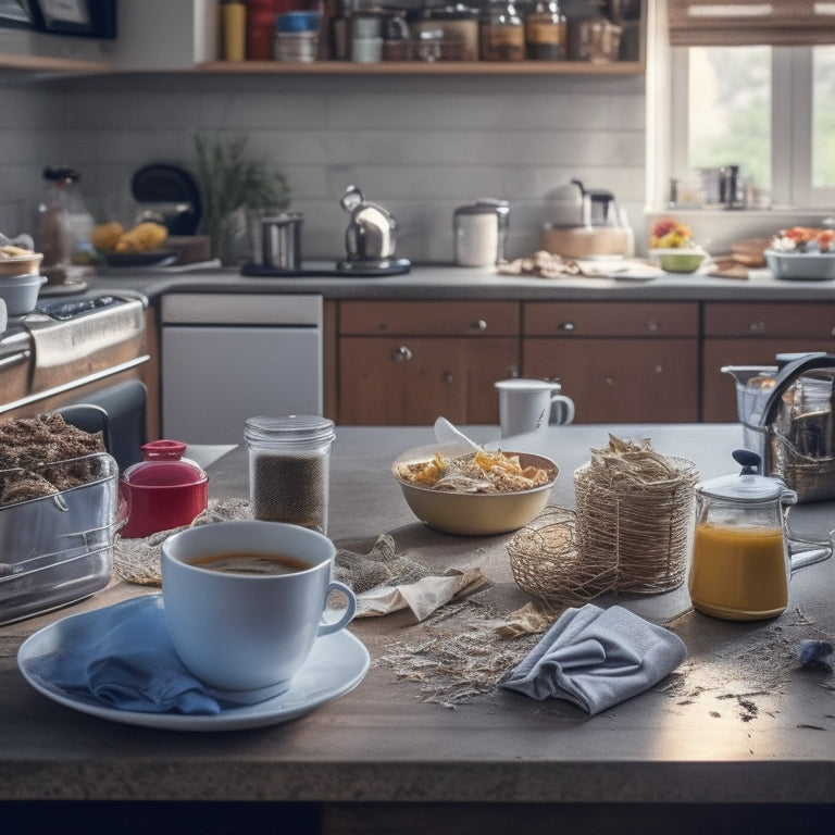 A cluttered kitchen counter with piled-up dirty dishes, crumpled papers, and expired food containers, with a blurred-out background and a single, lonely coffee mug placed in the center, surrounded by chaos.