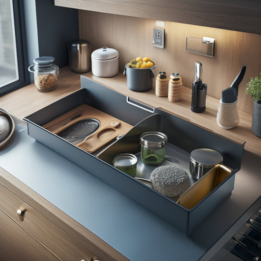 A modern kitchen with a sink covered by a sleek, dark-wooden lid adorned with subtle metallic handles, revealing a hidden storage compartment with neatly organized utensils and cleaning supplies.