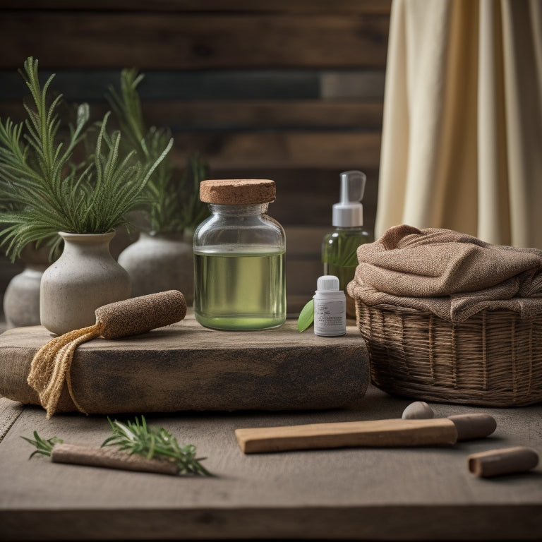 A rustic, wooden table with a few strategically-placed, carefully-arranged Castile soap bars, a small potted plant, a few sprigs of fresh rosemary, and a repurposed soap bottle-turned-vase.