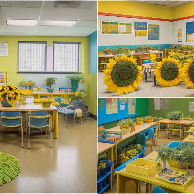 A vibrant sunflower-filled classroom with bright yellow walls, green stem-patterned borders, and a giant 3D sunflower centerpiece surrounded by colorful learning stations and happy, diverse students engaged in activities.