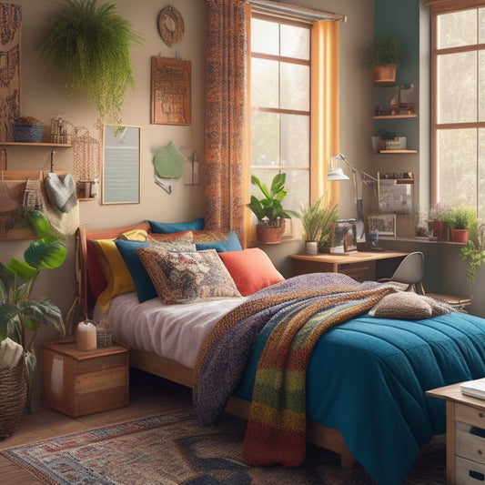 A warm and inviting illustration of a student's cozy dorm room, with a vibrant color scheme, plants, and eclectic decor, showcasing a sense of community and comfort.