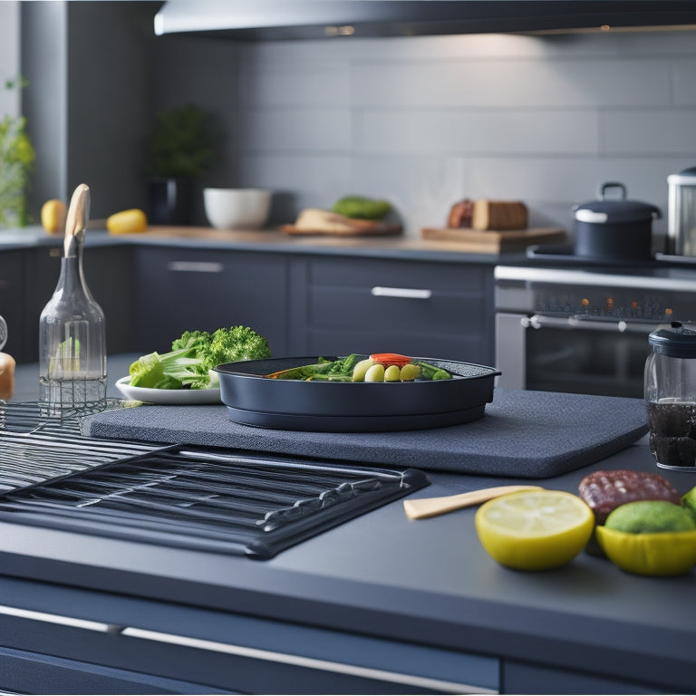 A sleek, modern kitchen with a Weber's Slate Griddle placed centrally, surrounded by sizzling vegetables and juicy burgers, with a blurred background of utensils and countertops.