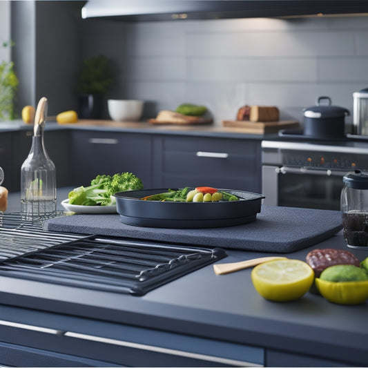 A sleek, modern kitchen with a Weber's Slate Griddle placed centrally, surrounded by sizzling vegetables and juicy burgers, with a blurred background of utensils and countertops.