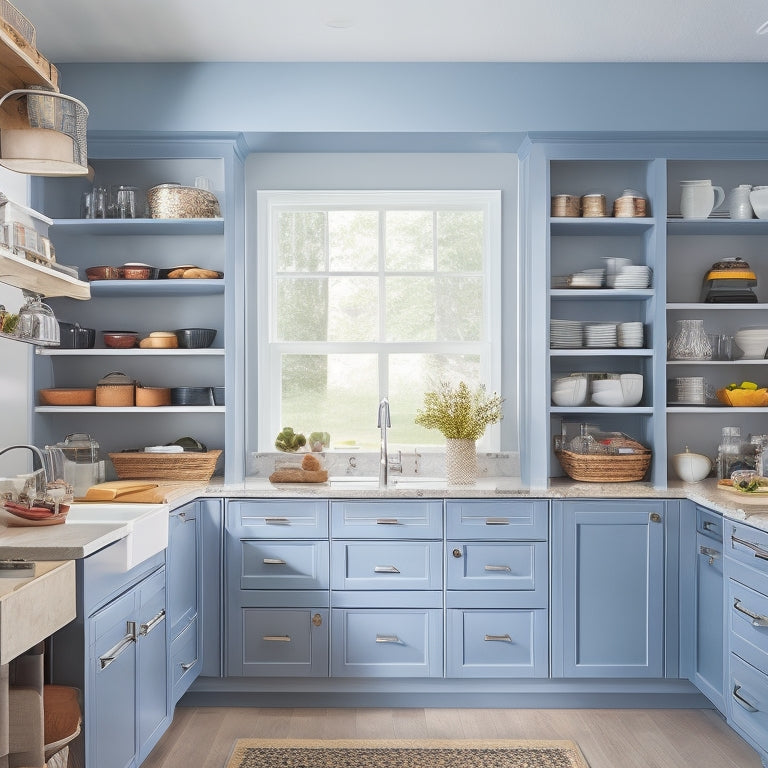 A bright, modern kitchen with custom cabinets featuring pull-out drawers, tiered shelves, and adjustable dividers, showcasing organized cookware, utensils, and ingredients in a harmonious, clutter-free space.