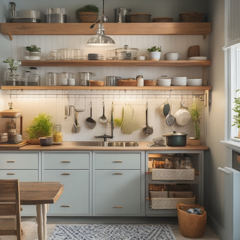 A tidy small kitchen with soft, warm lighting, featuring a wall-mounted pegboard with hanging utensils, a pull-out spice rack, and a compact island with baskets and a built-in trash can.