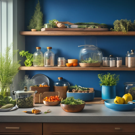 A well-lit, clutter-free kitchen counter with a few strategically placed, stylish storage containers in various shapes and sizes, filled with utensils, spices, and cookbooks, surrounded by a few fresh herbs.